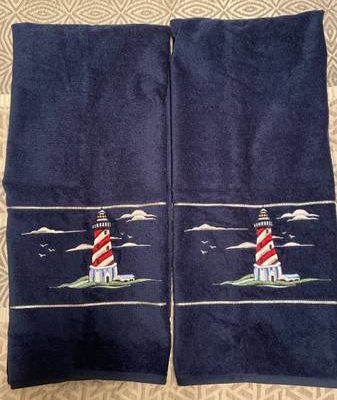 Set of Lighthouse Embroidered Navy Blue Bath Towels NWOT 100% Cotton N