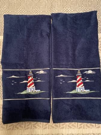 Set of Lighthouse Embroidered Navy Blue Bath Towels NWOT 100% Cotton N